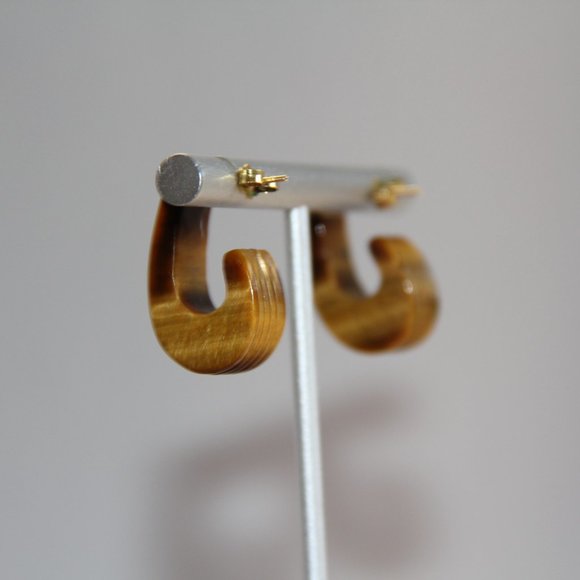 Vintage 14k Gold Tigers Eye J-Hook Earrings - Picture 5 of 12